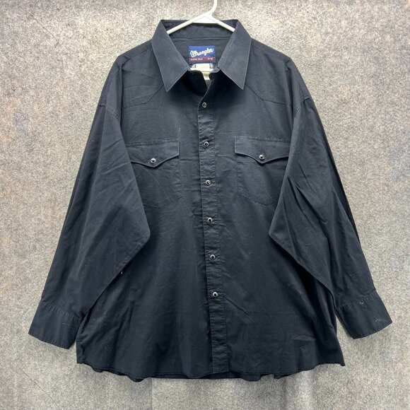 Vintage Wrangler Western Shirt Mens 19-35 Black Pearl Snap X-Long Tails 90s - Picture 1 of 10